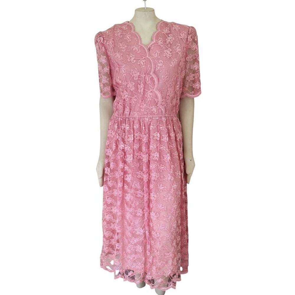 VTG 80s RHODES COLLECTIONS Scalloped Trim Lace Maxi Dress in Pink  SZ 10